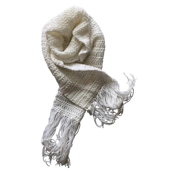 Handmade Knit Crochet White Winter Warm Scarf with Fringe 8" x 64" - Picture 1 of 4